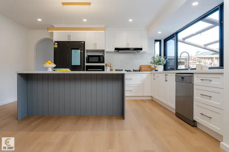 Doncaster shaker kitchen with blue-grey VJ panelled island
