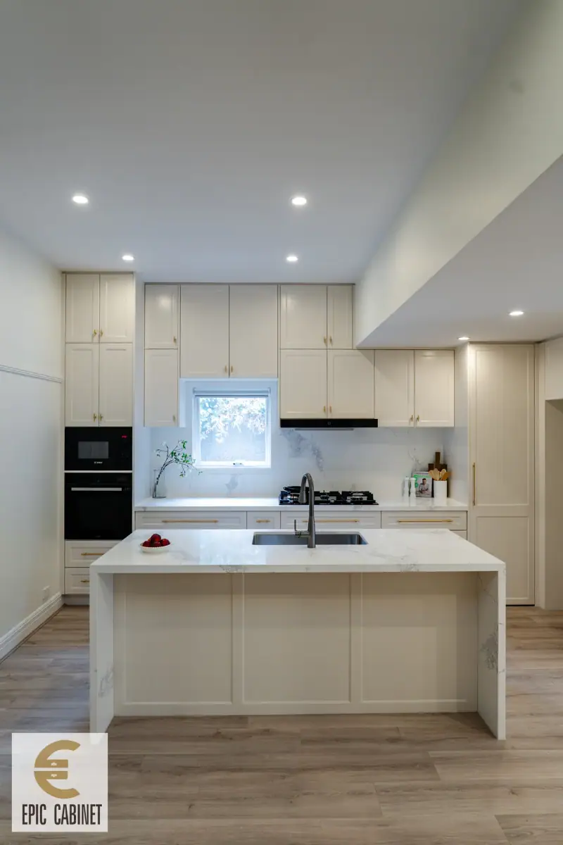 Glen Iris whole house renovation kitchen with waterfall stone island